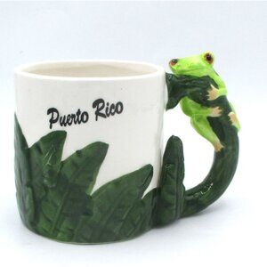 Puerto Rico Souvenir Mug With 3D Frog Handle & Tropical Leaf Design Ceramic 3.58